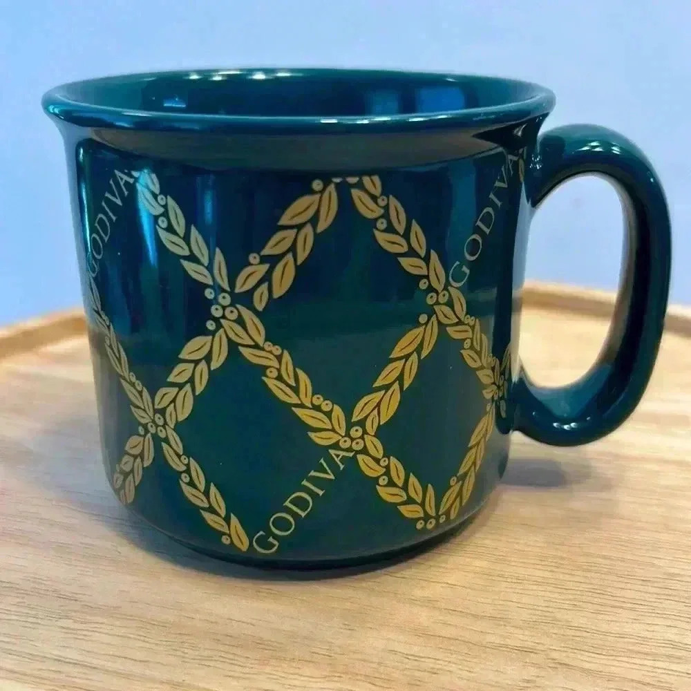 Dark Green and Gold Godiva mug 3.5“ tall12 fl oz